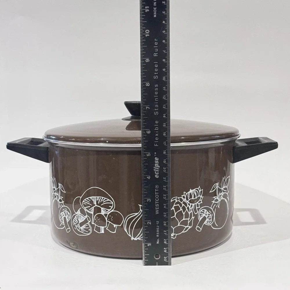 Vintage 70s Enamel Ware Pot w‎ Lid Brown w White Vegetable Pattern